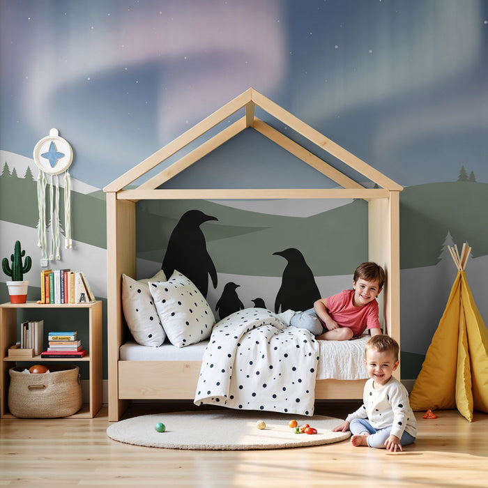Papier peint chambre bébé | Pingouins sous les aurores boréales