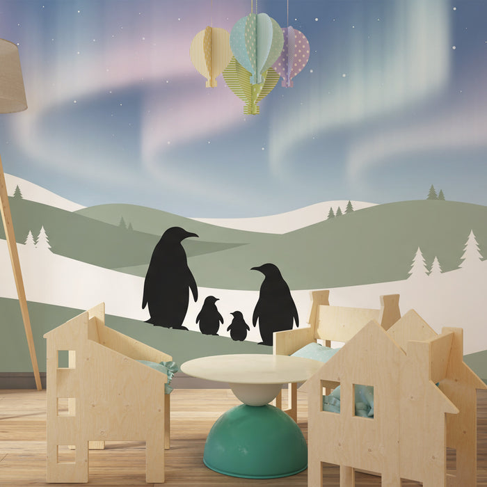 Papier peint chambre bébé | Pingouins sous les aurores boréales