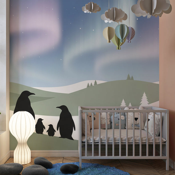 Papier peint chambre bébé | Pingouins sous les aurores boréales