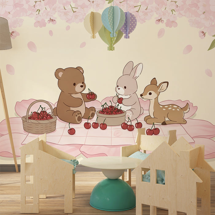 Papel de parede quarto bebê | Picnic encantador com um urso, um coelho e um cervo sob as cerejeiras