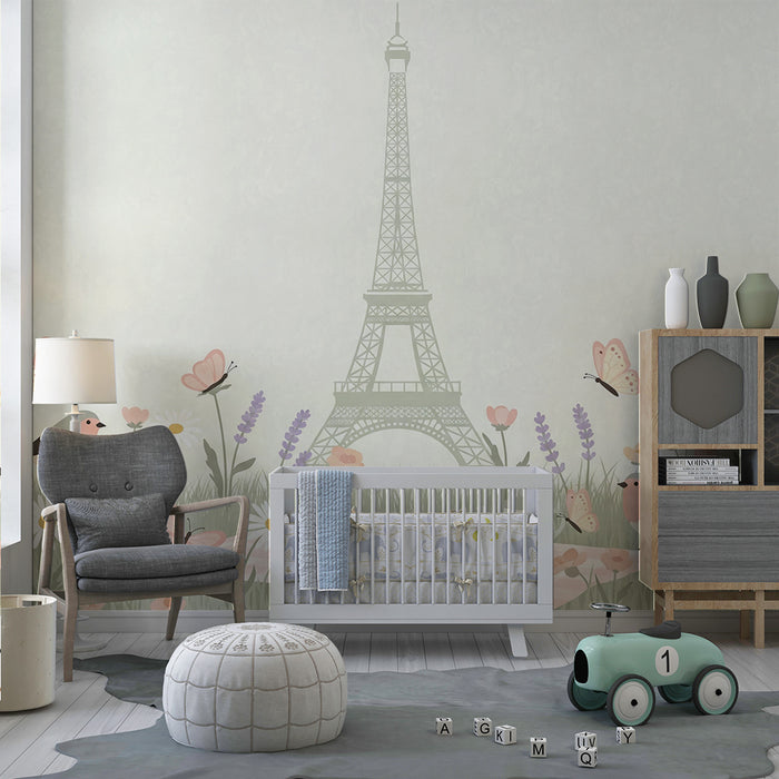 Behang babykamer | Bloemenpicknick met de Eiffeltoren op de achtergrond