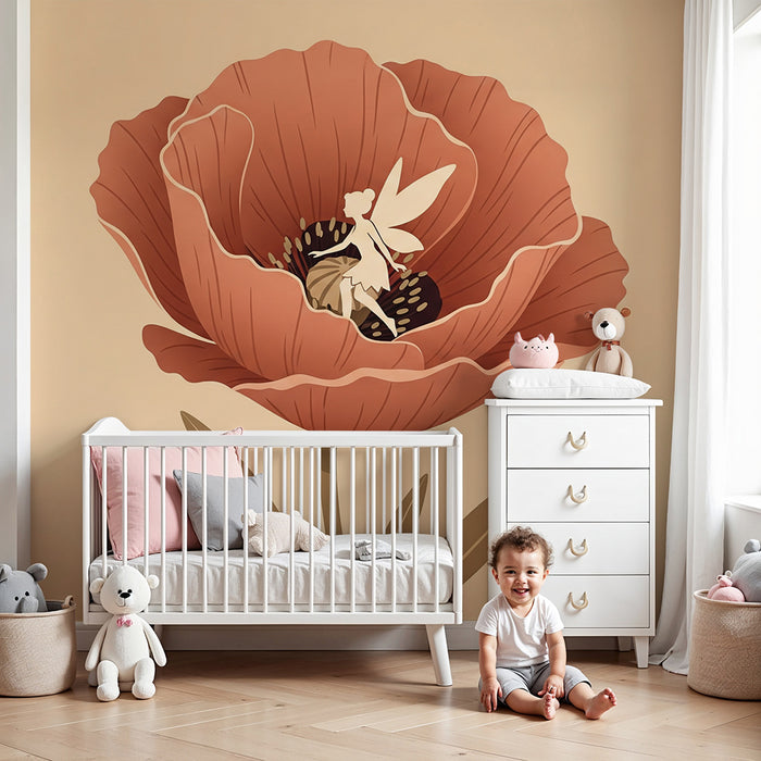 Papier peint chambre bébé | Pivoine délicate accompagnée d’une fée enchantée