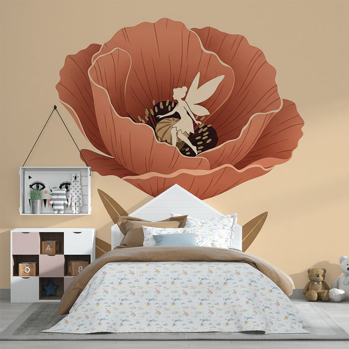 Papier peint chambre bébé | Pivoine délicate accompagnée d’une fée enchantée