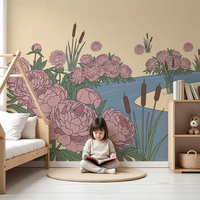 Papier peint chambre bébé | Pivoines délicates au bord d'une rivière paisible
