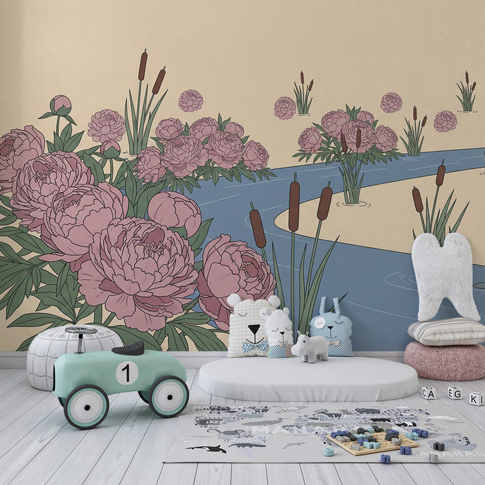 Papier peint chambre bébé | Pivoines délicates au bord d'une rivière paisible