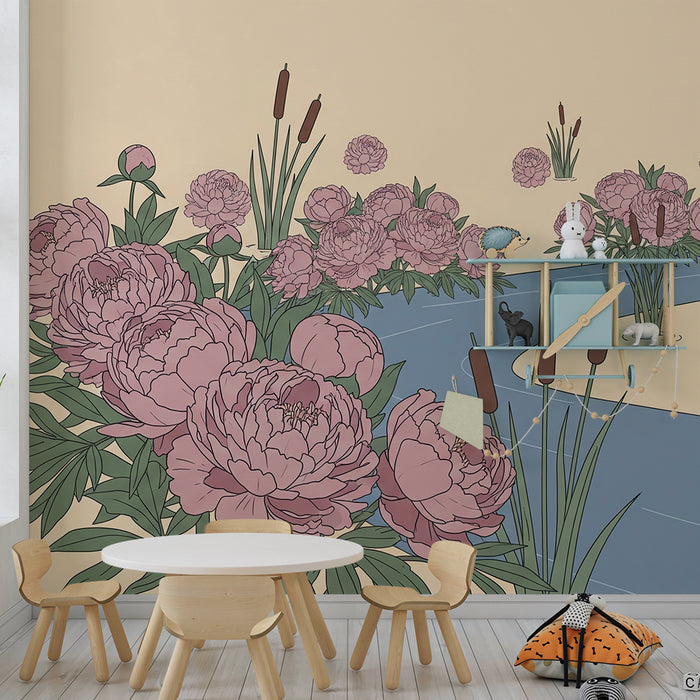 Papier peint chambre bébé | Pivoines délicates au bord d'une rivière paisible