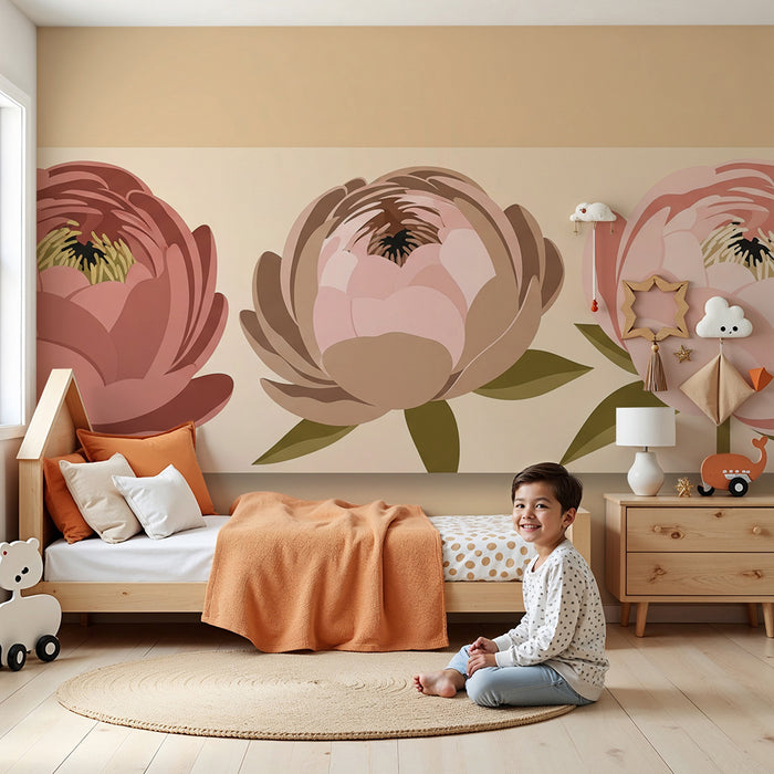 Papier peint chambre bébé | Pivoines délicates aux teintes douces