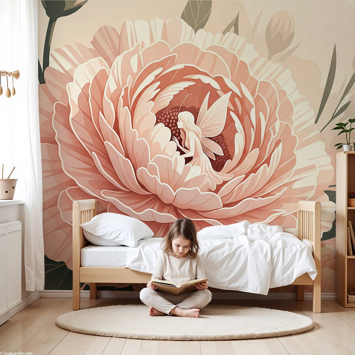 Papier peint chambre bébé | Pivoines délicates avec fée enchantée