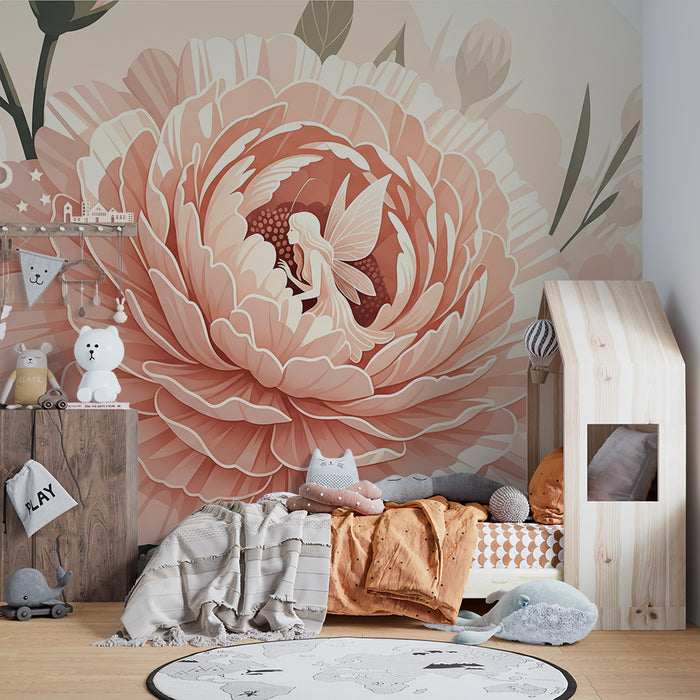Papier peint chambre bébé | Pivoines délicates avec fée enchantée