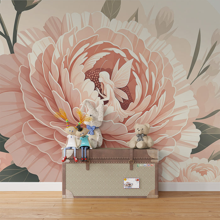 Papier peint chambre bébé | Pivoines délicates avec fée enchantée