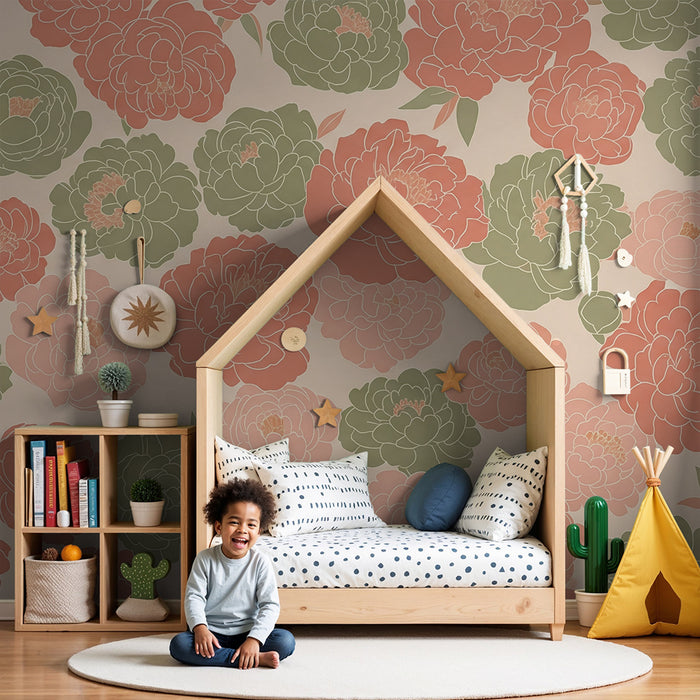 Papier peint chambre bébé | Pivoines délicates dans des teintes douces