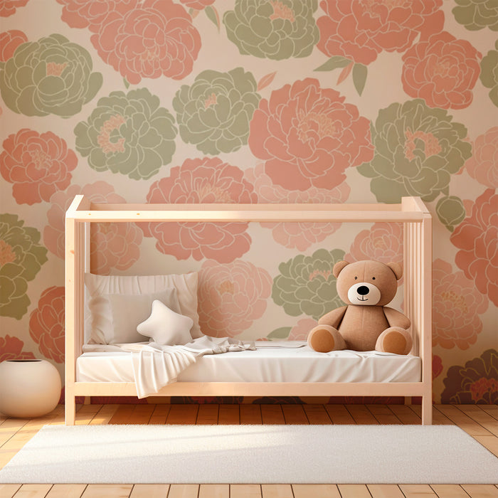 Papier peint chambre bébé | Pivoines délicates dans des teintes douces
