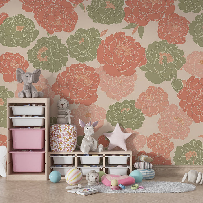 Papier peint chambre bébé | Pivoines délicates dans des teintes douces