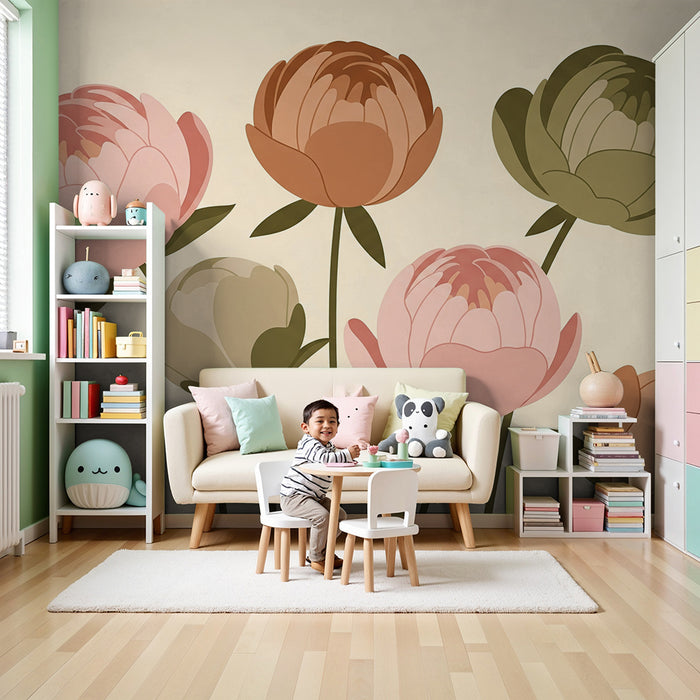 Papier peint chambre bébé | Pivoines délicates dans des tons doux et harmonieux