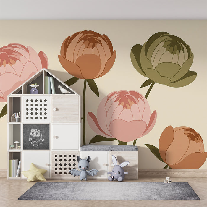 Papier peint chambre bébé | Pivoines délicates dans des tons doux et harmonieux
