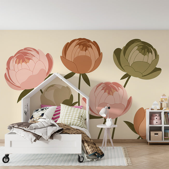 Papier peint chambre bébé | Pivoines délicates dans des tons doux et harmonieux