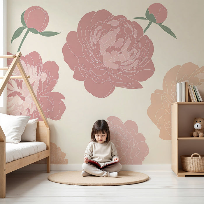 Papier peint chambre bébé | Pivoines délicates dans un décor doux