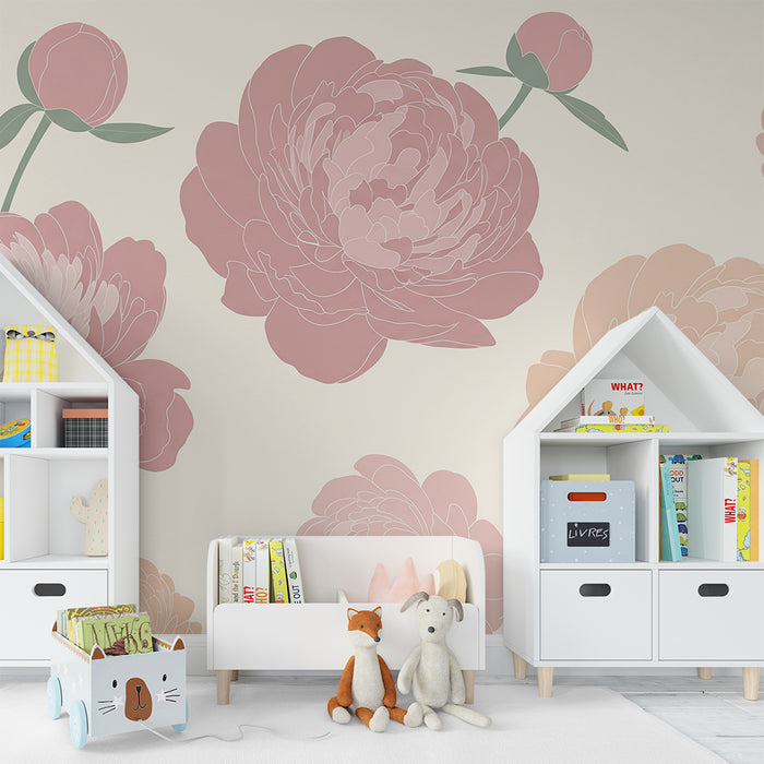 Papier peint chambre bébé | Pivoines délicates dans un décor doux