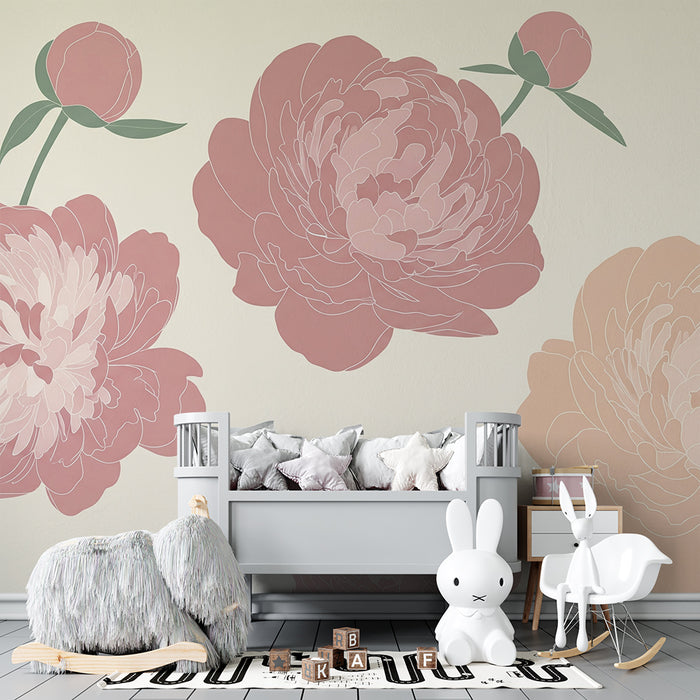 Papier peint chambre bébé | Pivoines délicates dans un décor doux