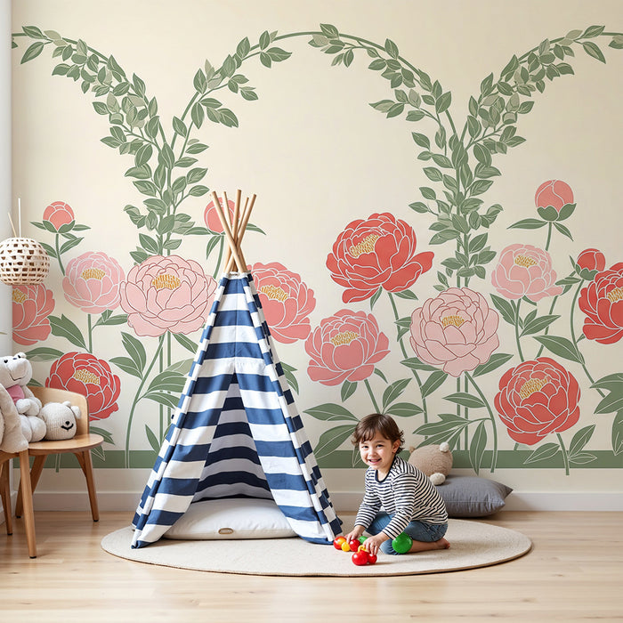 Papier peint chambre bébé | Pivoines délicates et feuillage apaisant dans un décor doux