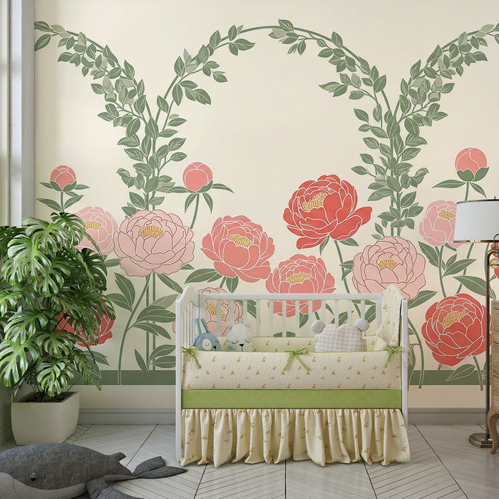 Papier peint chambre bébé | Pivoines délicates et feuillage apaisant dans un décor doux