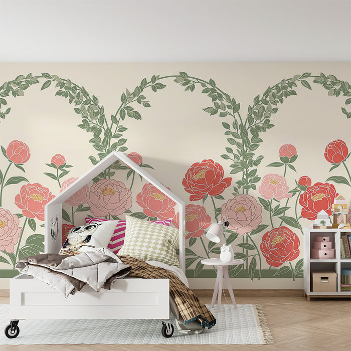 Papier peint chambre bébé | Pivoines délicates et feuillage apaisant dans un décor doux