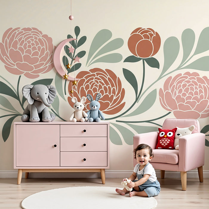 Baby room wallpaper | Delicate peonies and soothing foliage on a soft background
