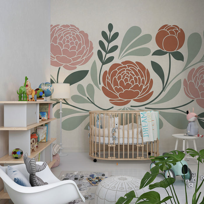 Baby room wallpaper | Delicate peonies and soothing foliage on a soft background