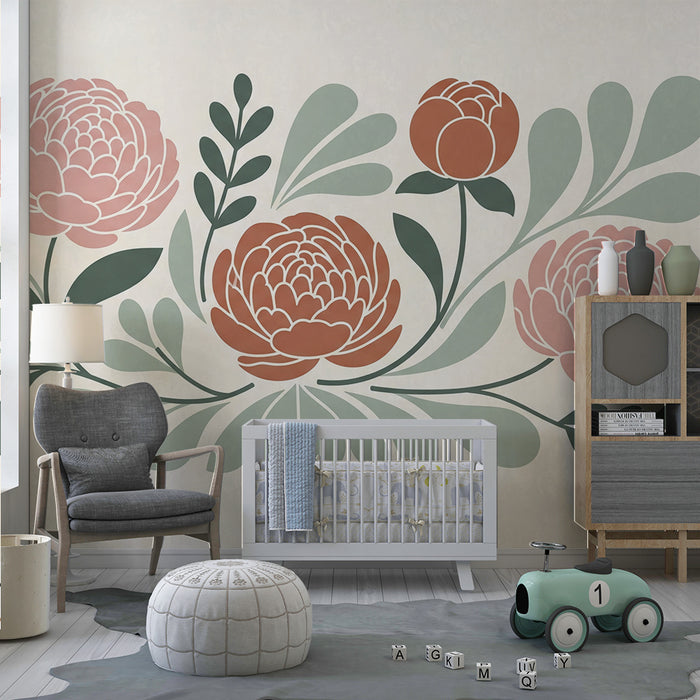 Baby room wallpaper | Delicate peonies and soothing foliage on a soft background