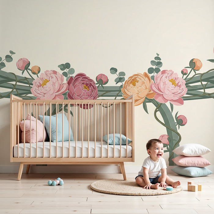 Papier peint chambre bébé | Pivoines délicates et feuillage doux sur fond clair