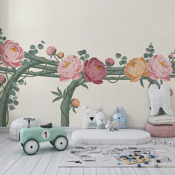 Papier peint chambre bébé | Pivoines délicates et feuillage doux sur fond clair