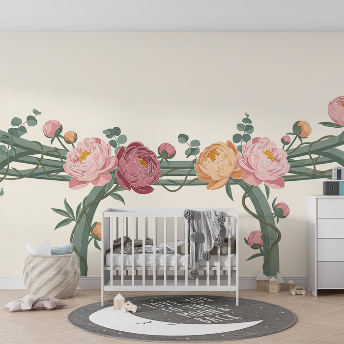 Papier peint chambre bébé | Pivoines délicates et feuillage doux sur fond clair