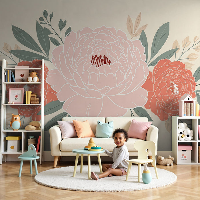 Papier peint chambre bébé | Pivoines délicates et feuillage doux sur fond crème
