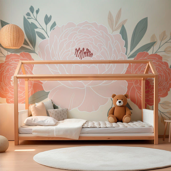 Papier peint chambre bébé | Pivoines délicates et feuillage doux sur fond crème
