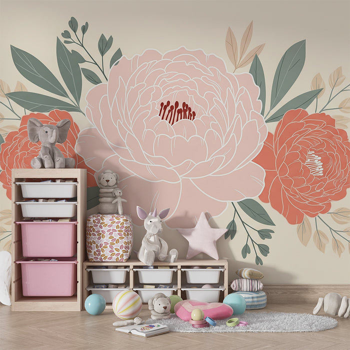 Papier peint chambre bébé | Pivoines délicates et feuillage doux sur fond crème