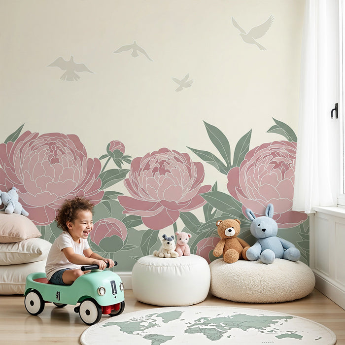 Nursery wallpaper | Delicate peonies and birds in flight on a soft background