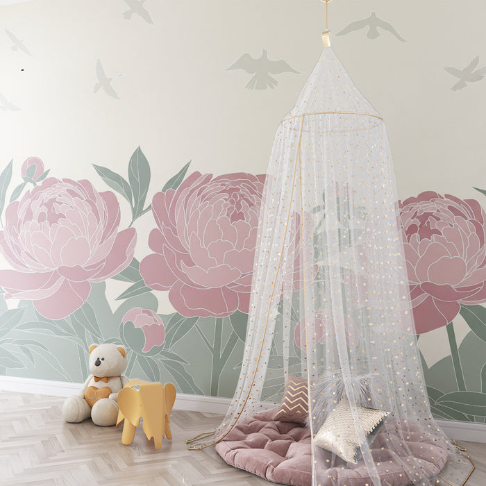 Nursery wallpaper | Delicate peonies and birds in flight on a soft background