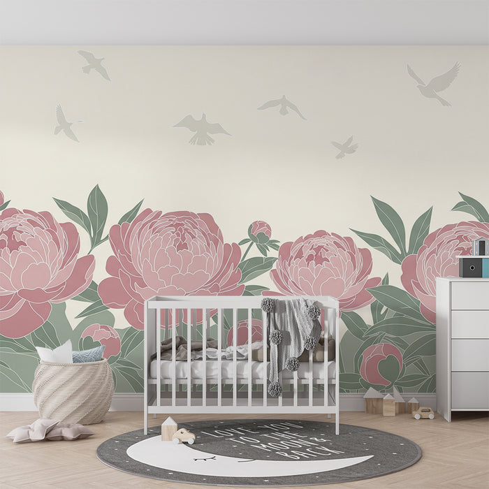 Nursery wallpaper | Delicate peonies and birds in flight on a soft background