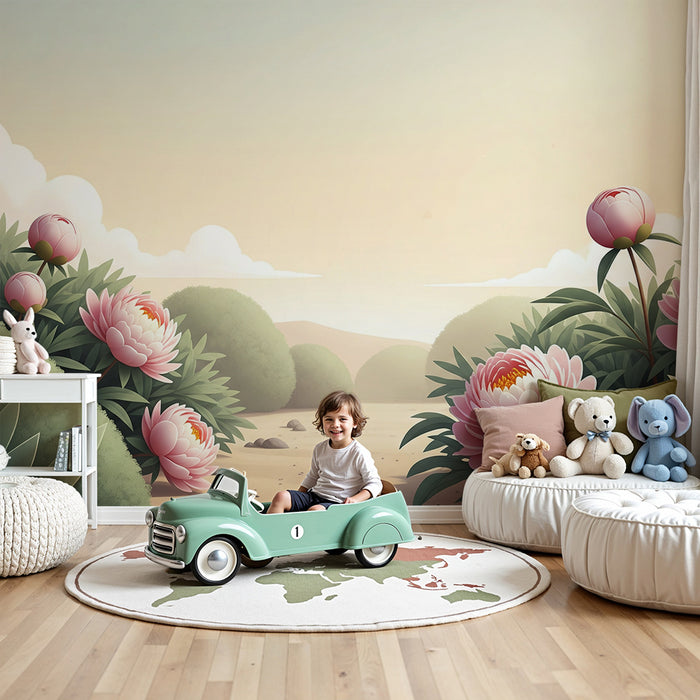 Papier peint chambre bébé | Pivoines délicates et paysage apaisant