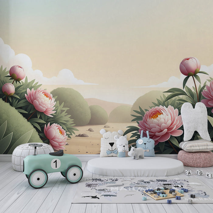 Papier peint chambre bébé | Pivoines délicates et paysage apaisant