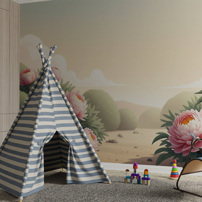 Papier peint chambre bébé | Pivoines délicates et paysage apaisant