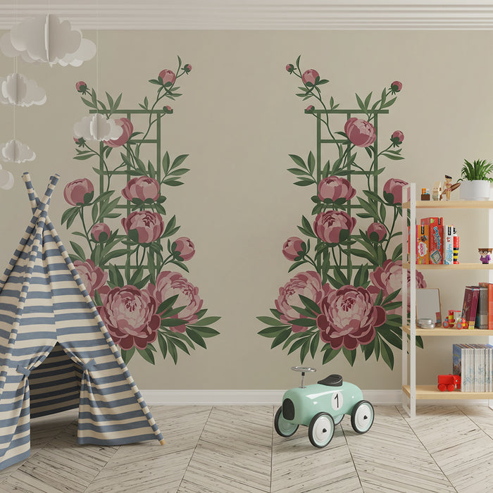 Papier peint chambre bébé | Pivoines délicates et treillis verdoyant