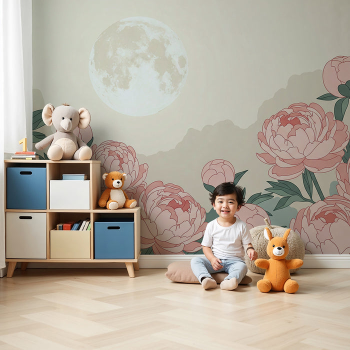 Papier peint chambre bébé | Pivoines délicates sous la lune