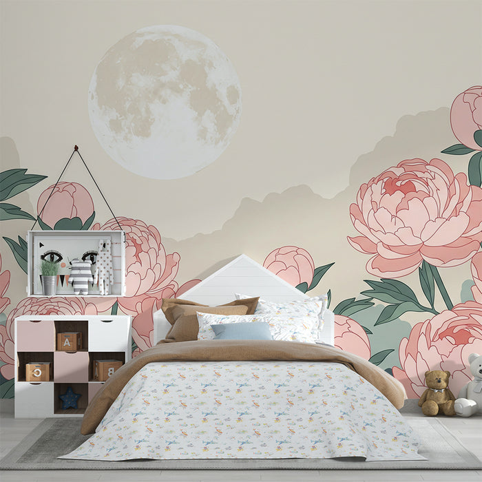Papier peint chambre bébé | Pivoines délicates sous la lune