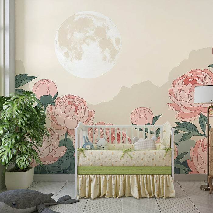 Papier peint chambre bébé | Pivoines délicates sous la lune
