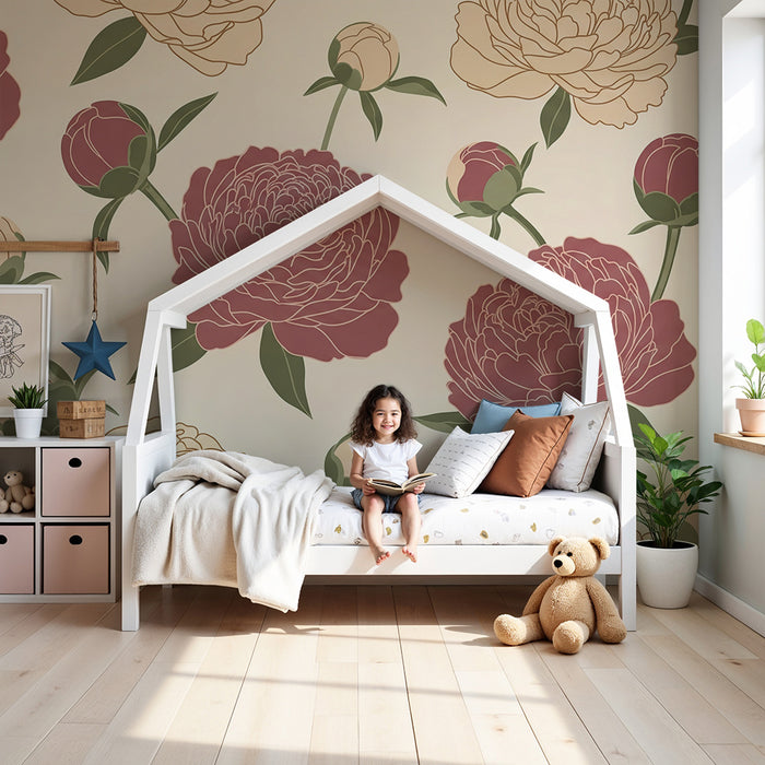 Behang babykamer | Delicate pioenen op een rustgevende achtergrond