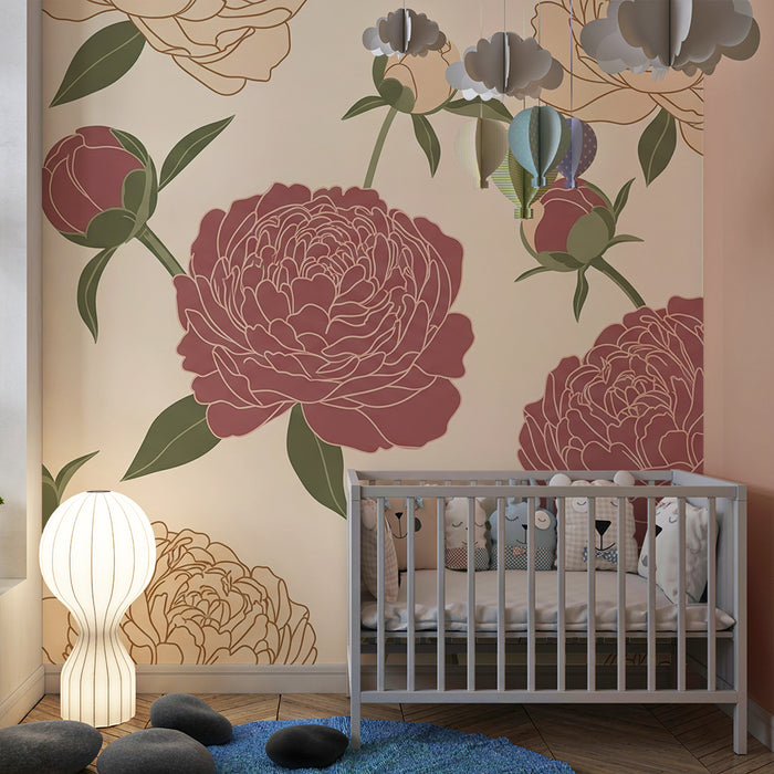 Behang babykamer | Delicate pioenen op een rustgevende achtergrond