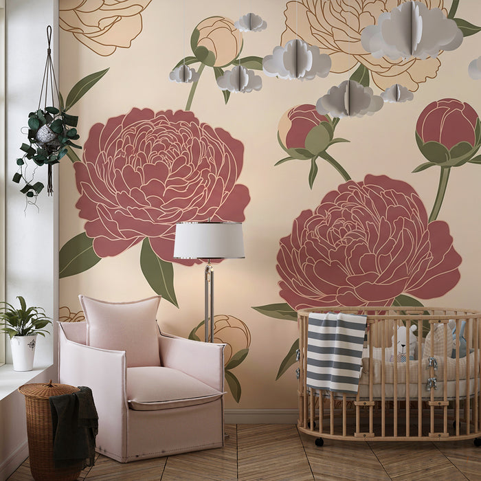 Behang babykamer | Delicate pioenen op een rustgevende achtergrond