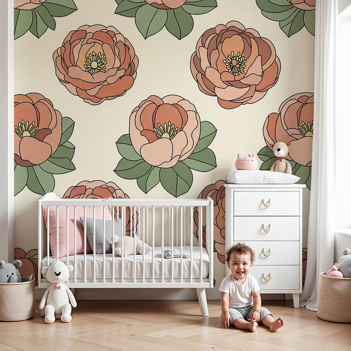 Papier peint chambre bébé | Pivoines délicates sur fond crème dans un esprit doux