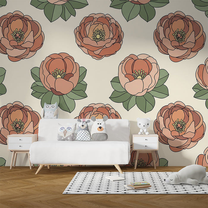 Papier peint chambre bébé | Pivoines délicates sur fond crème dans un esprit doux